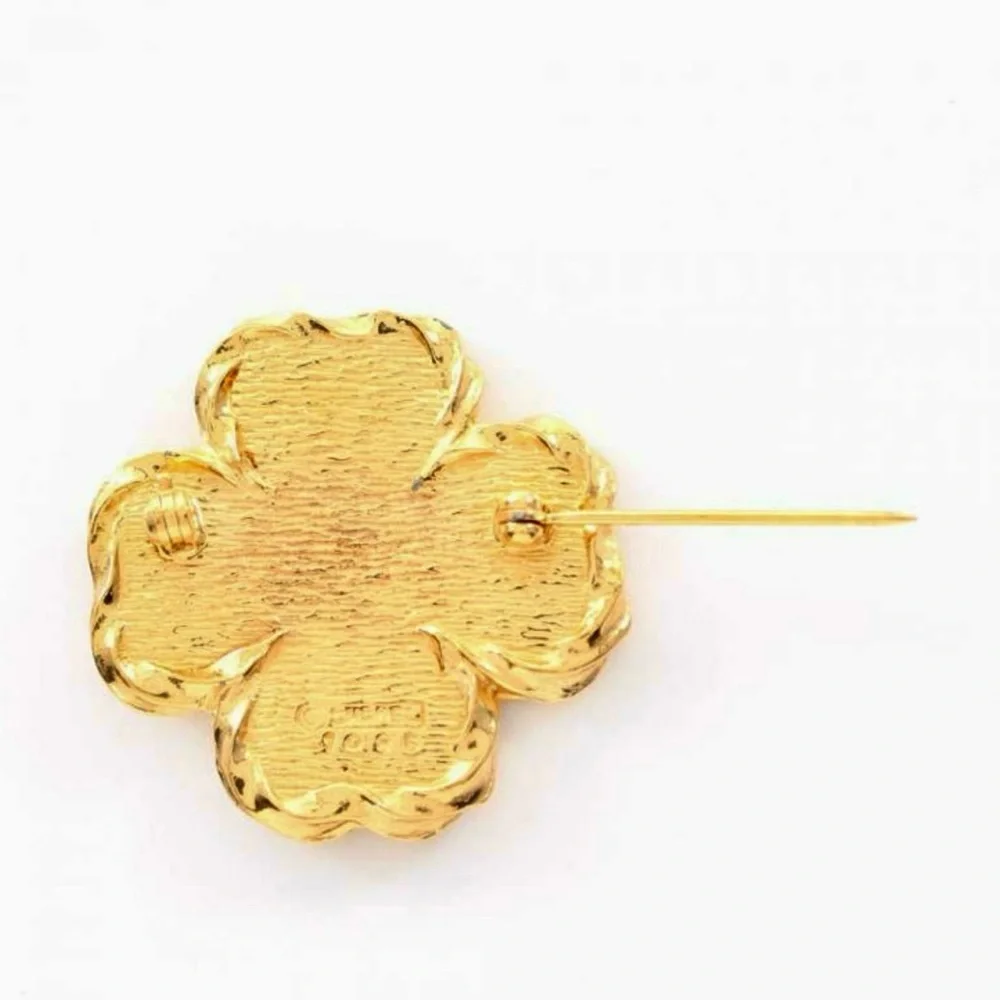 Chanel CC Gold and Rhinestone Clover Brooch
